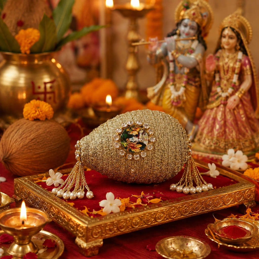 Decorative Nariyal with Radha Krishna for Pooja, Wedding & Kalash Decoration