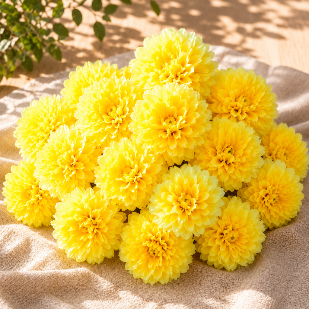 Yellow Dahalia Artificial Flower (7 cm, Pack of 15, Single Flower)