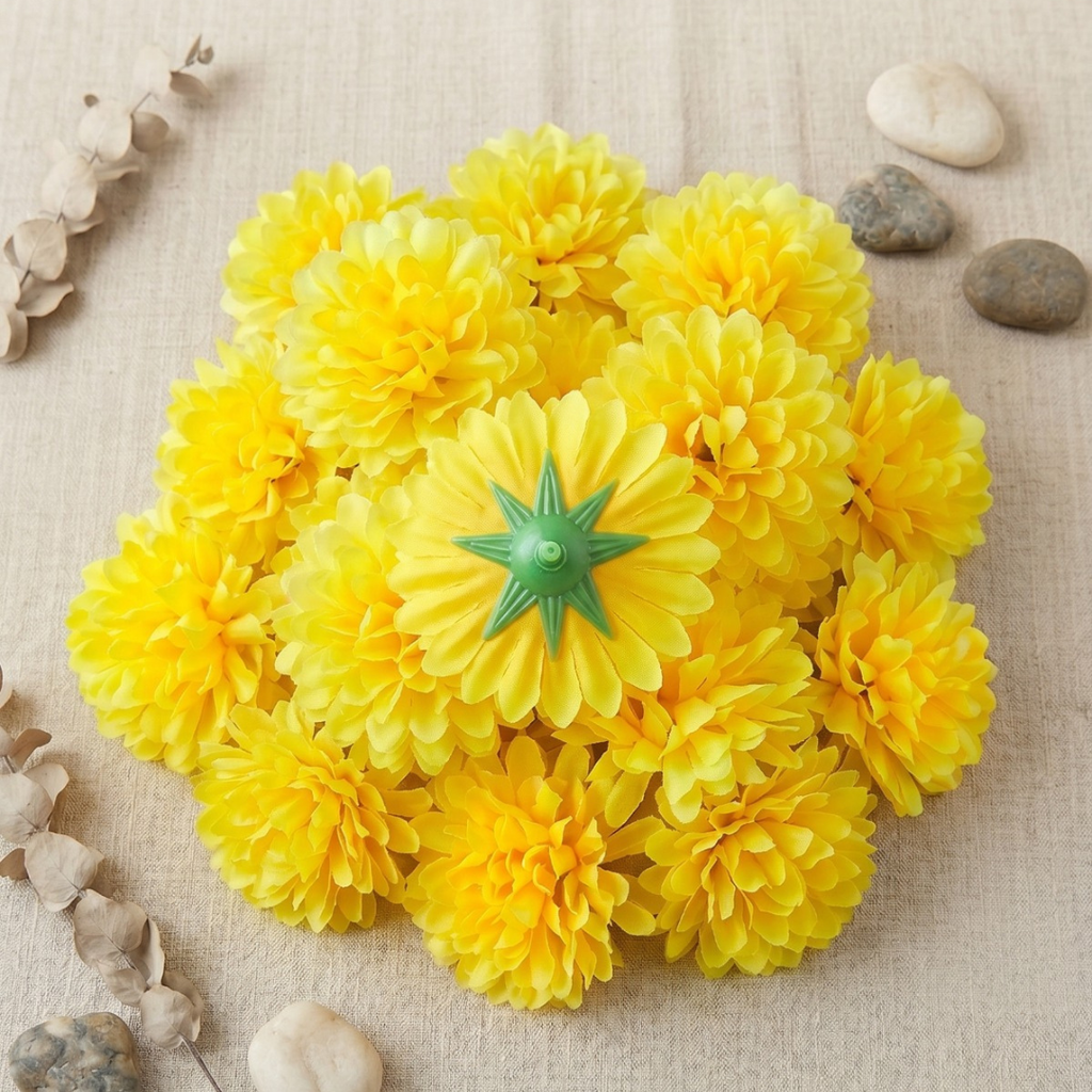 Yellow Dahalia Artificial Flower (7 cm, Pack of 15, Single Flower)