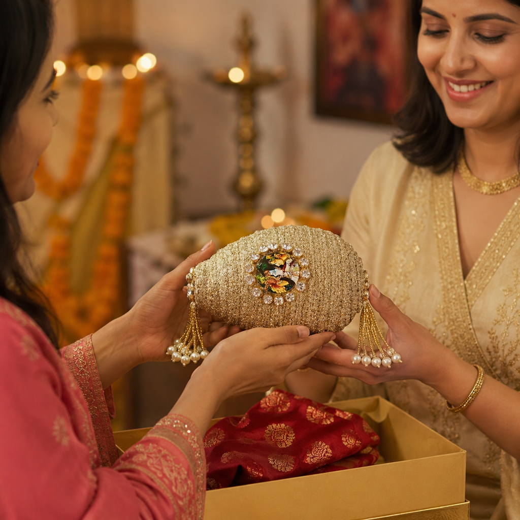 Decorative Nariyal with Radha Krishna for Pooja, Wedding & Kalash Decoration