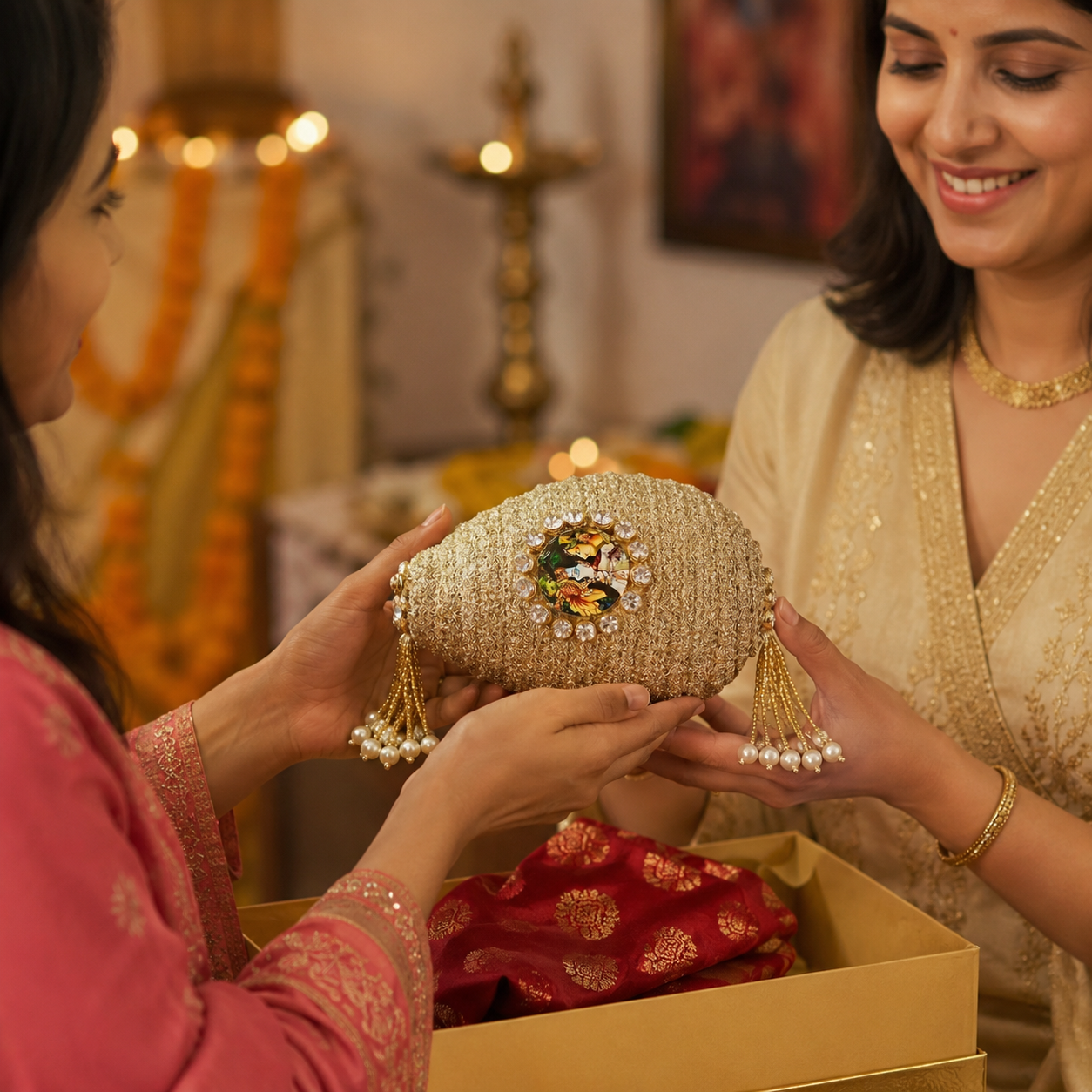 Decorative Nariyal with Radha Krishna for Pooja, Wedding & Kalash Decoration