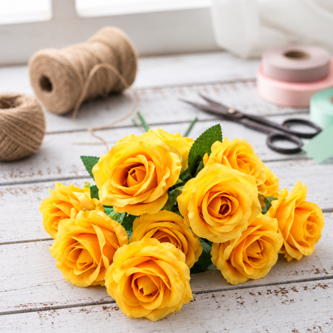 Artificial Yellow Mini Rose Flower (4 cm, Pack of 12, Single Flower)