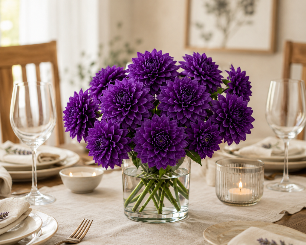 Purple Dahalia Artificial Flower (7 cm, Pack of 15, Single Flower)