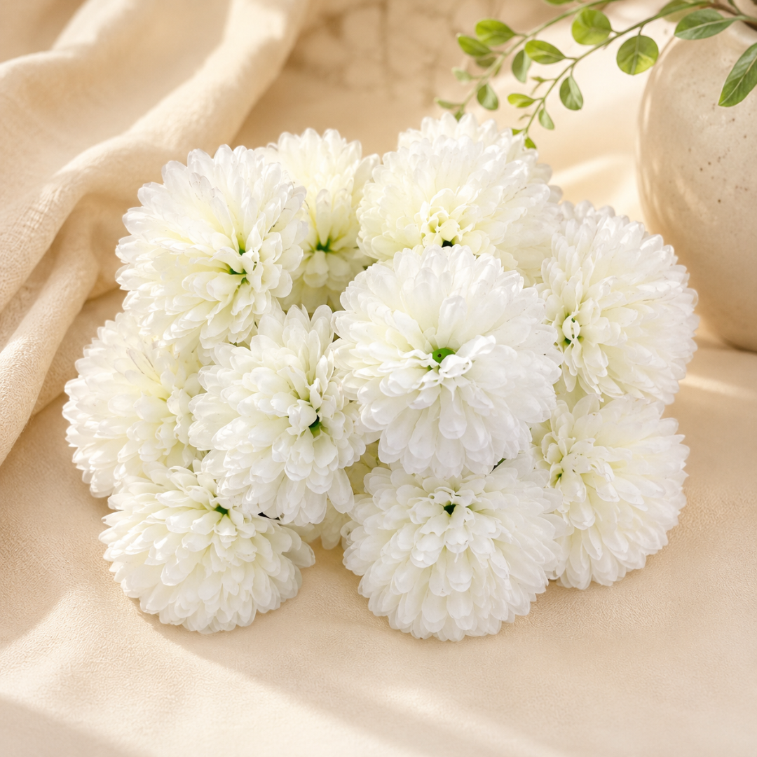 White Dahalia Artificial Flower (7 cm, Pack of 15, Single Flower)