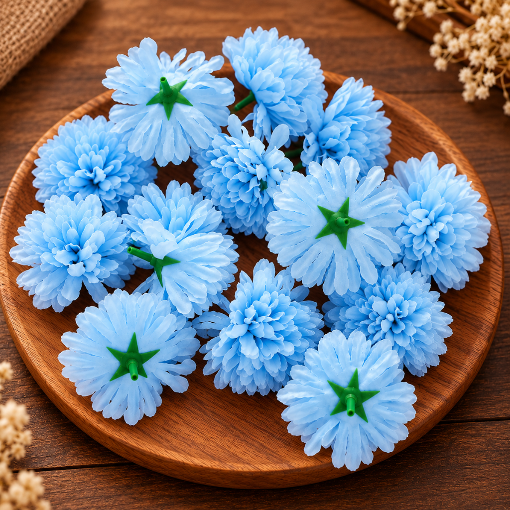 Sky Blue Dahalia Artificial Flower (7 cm, Pack of 15, Single Flower)