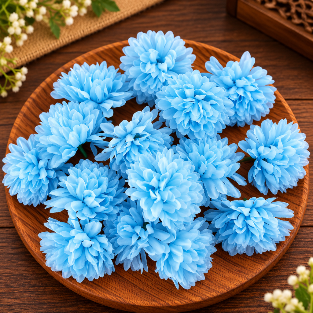 Sky Blue Dahalia Artificial Flower (7 cm, Pack of 15, Single Flower)