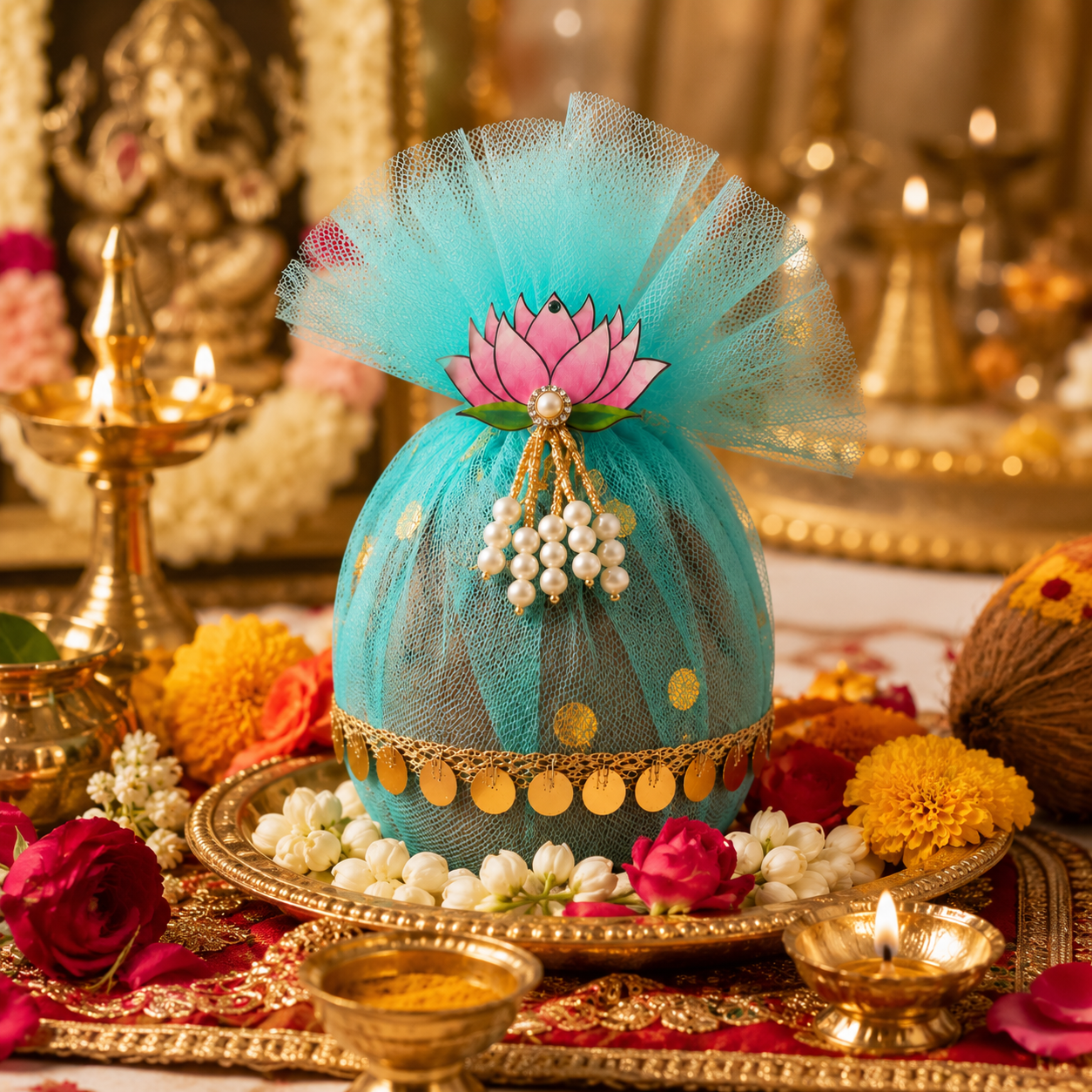 Lotus Decorative Nariyal for Pooja, Wedding & Kalash Decoration