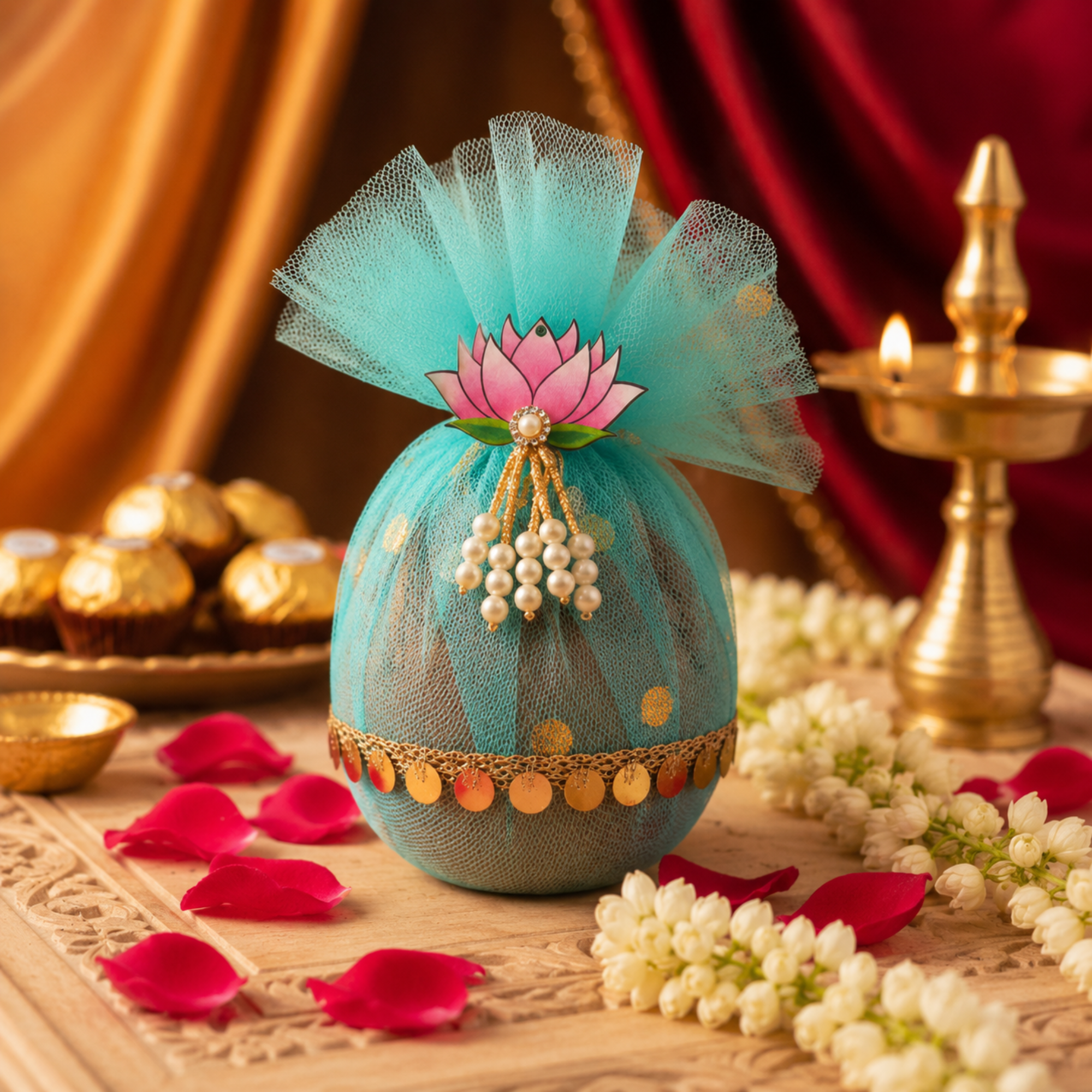 Lotus Decorative Nariyal for Pooja, Wedding & Kalash Decoration