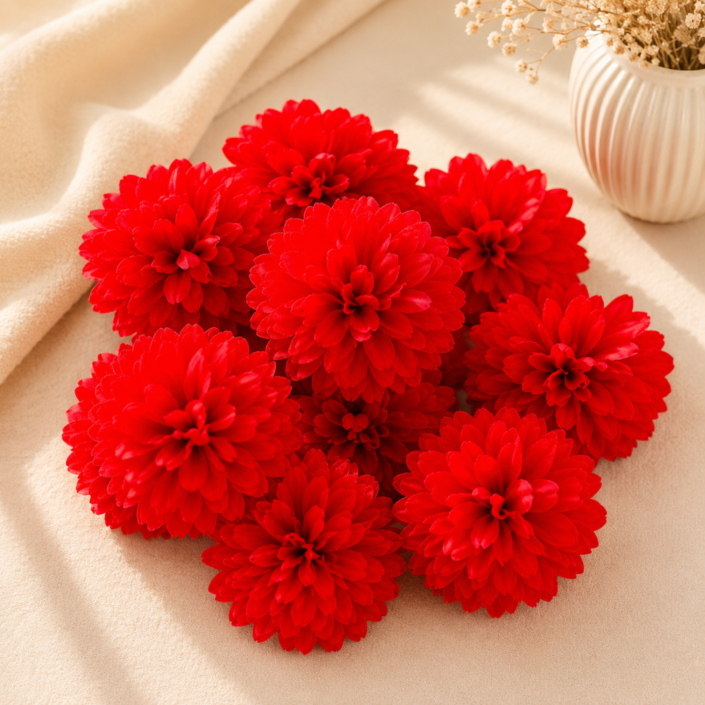 Red Dahalia Artificial Flower (7 cm, Pack of 15, Single Flower)