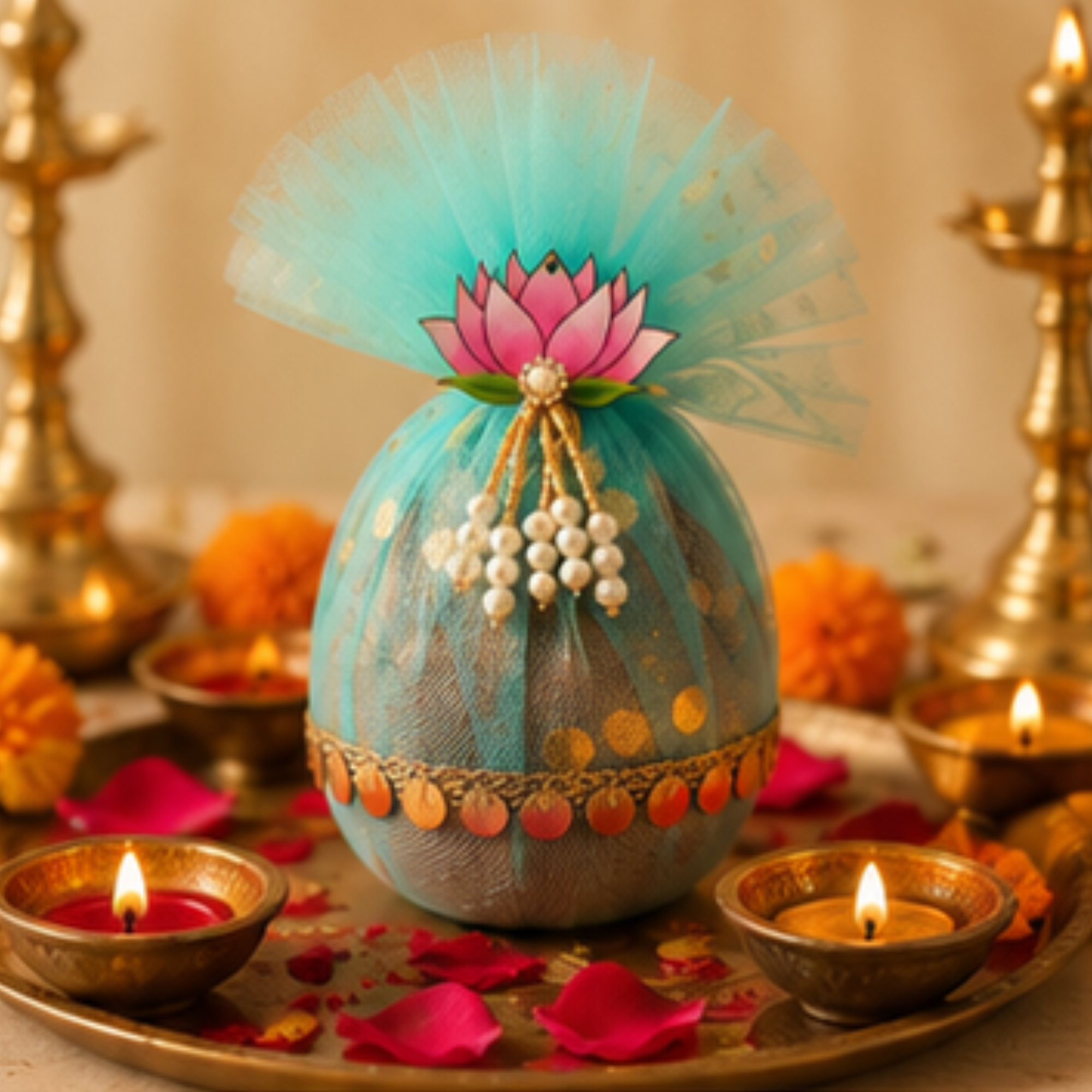 Lotus Decorative Nariyal for Pooja, Wedding & Kalash Decoration