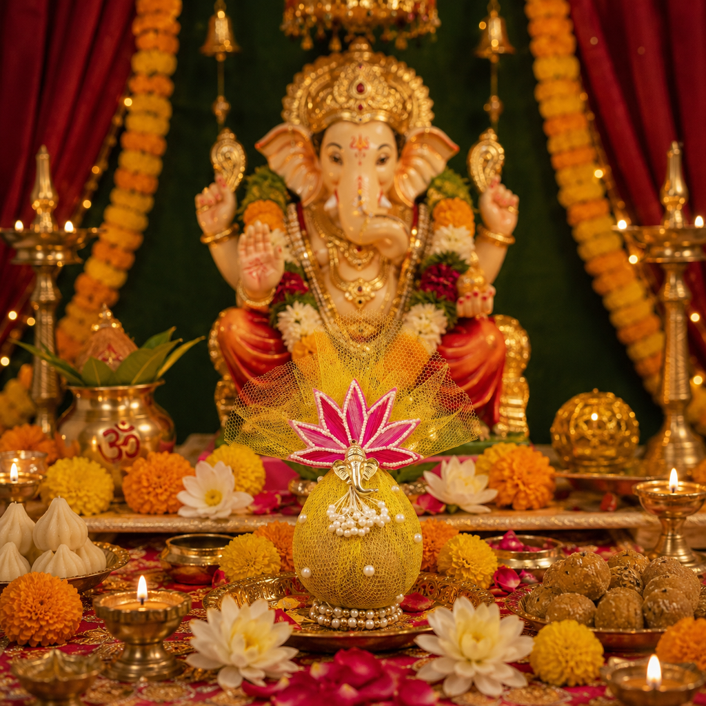 Decorative Nariyal with Ganesh ji And lotus Flower