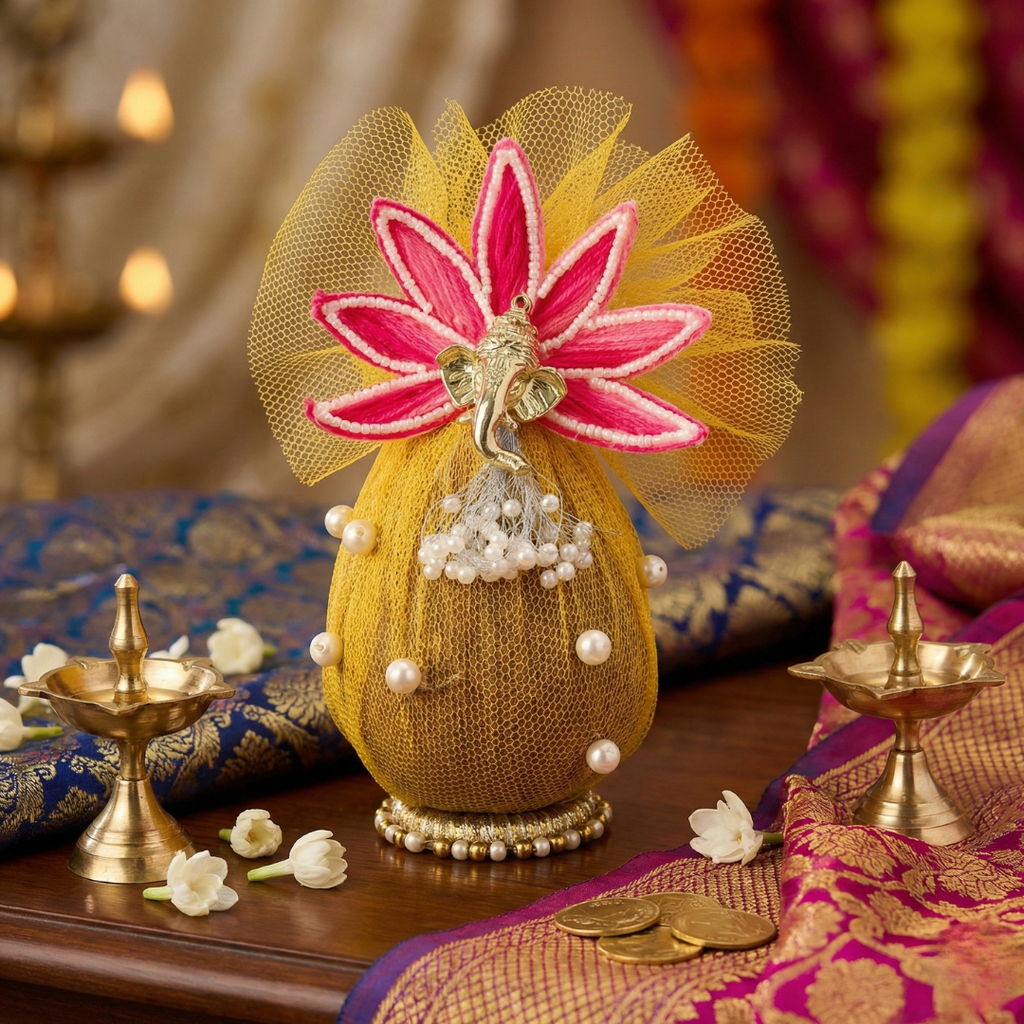 Yellow Decorative Shagun Narial with Ganesh ji And lotus Flower