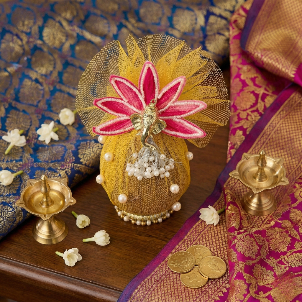 Yellow Decorative Shagun Narial with Ganesh ji And lotus Flower