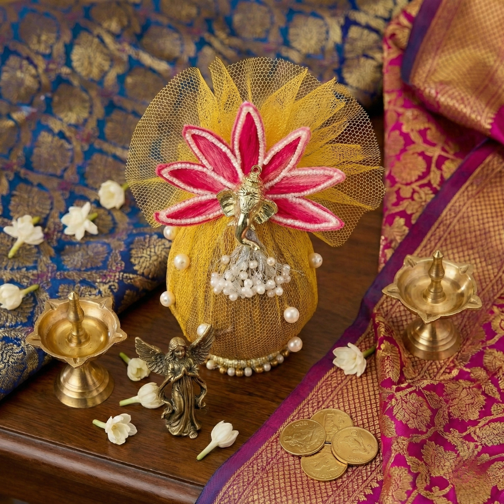 Yellow Decorative Shagun Narial with Ganesh ji And lotus Flower