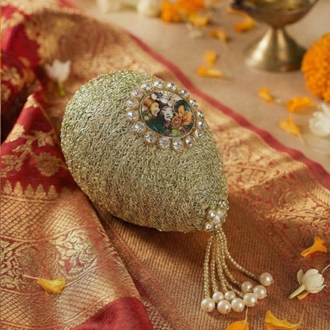 Decorative Nariyal with Radha Krishna for Pooja, Wedding & Kalash Decoration