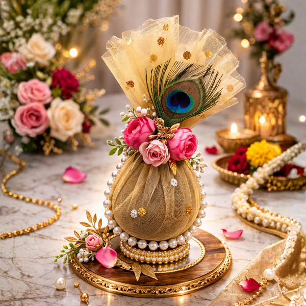 Decorative Golden Nariyal with Mor Pankh for Pooja, Wedding & Kalash Decoration