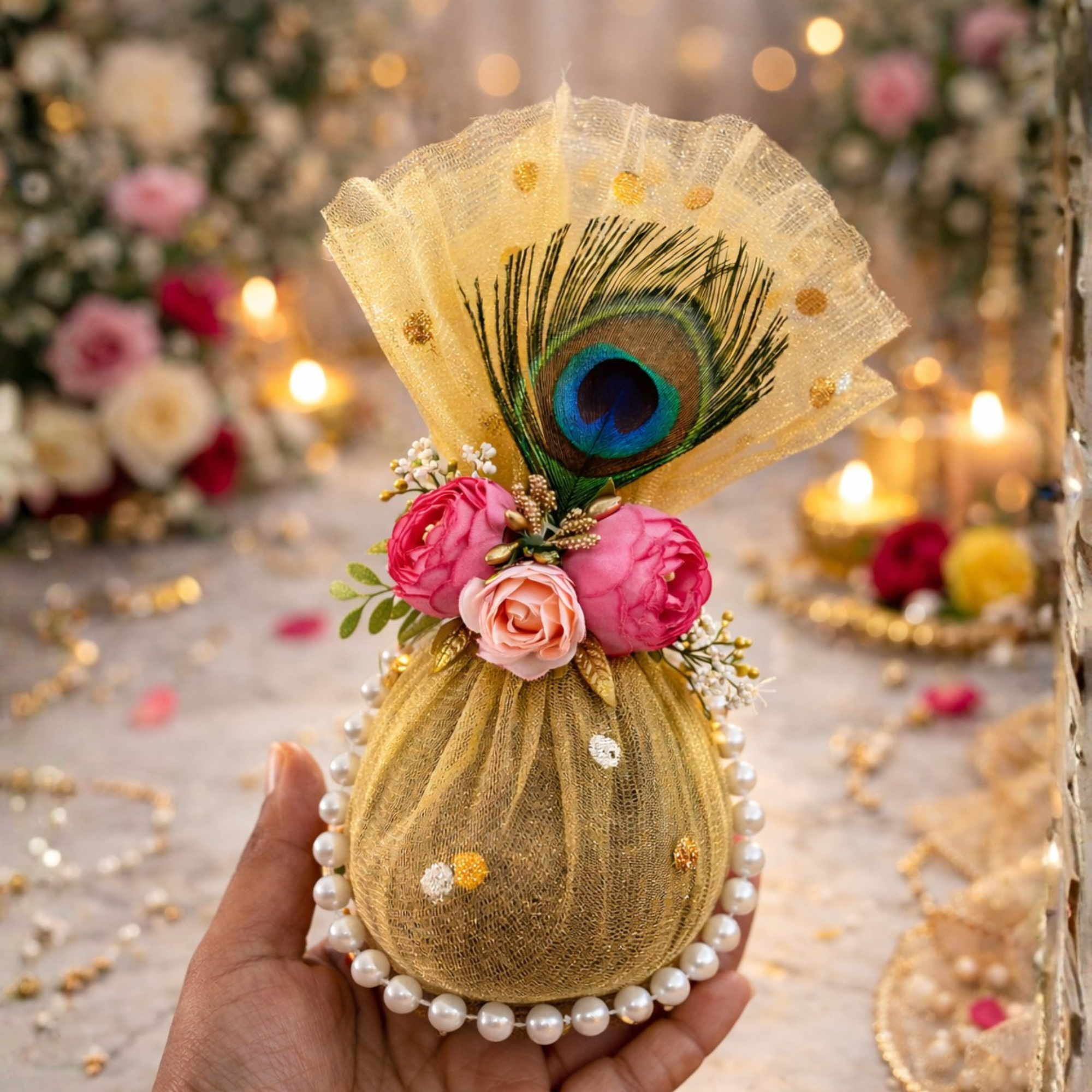 Decorative Golden Nariyal with Mor Pankh for Pooja, Wedding & Kalash Decoration