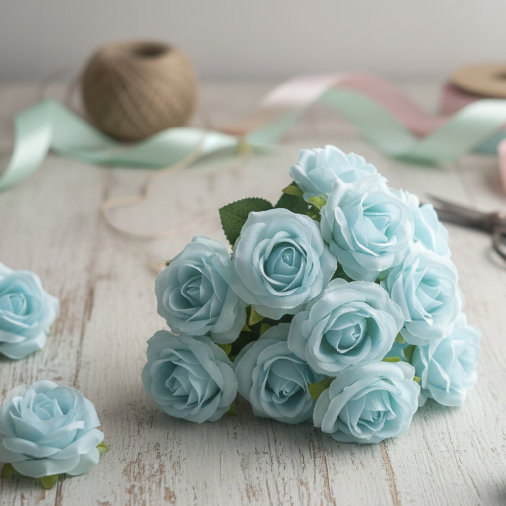 Artificial Sky Blue Mini Rose Flower (4 cm, Pack of 12, Single Flower)