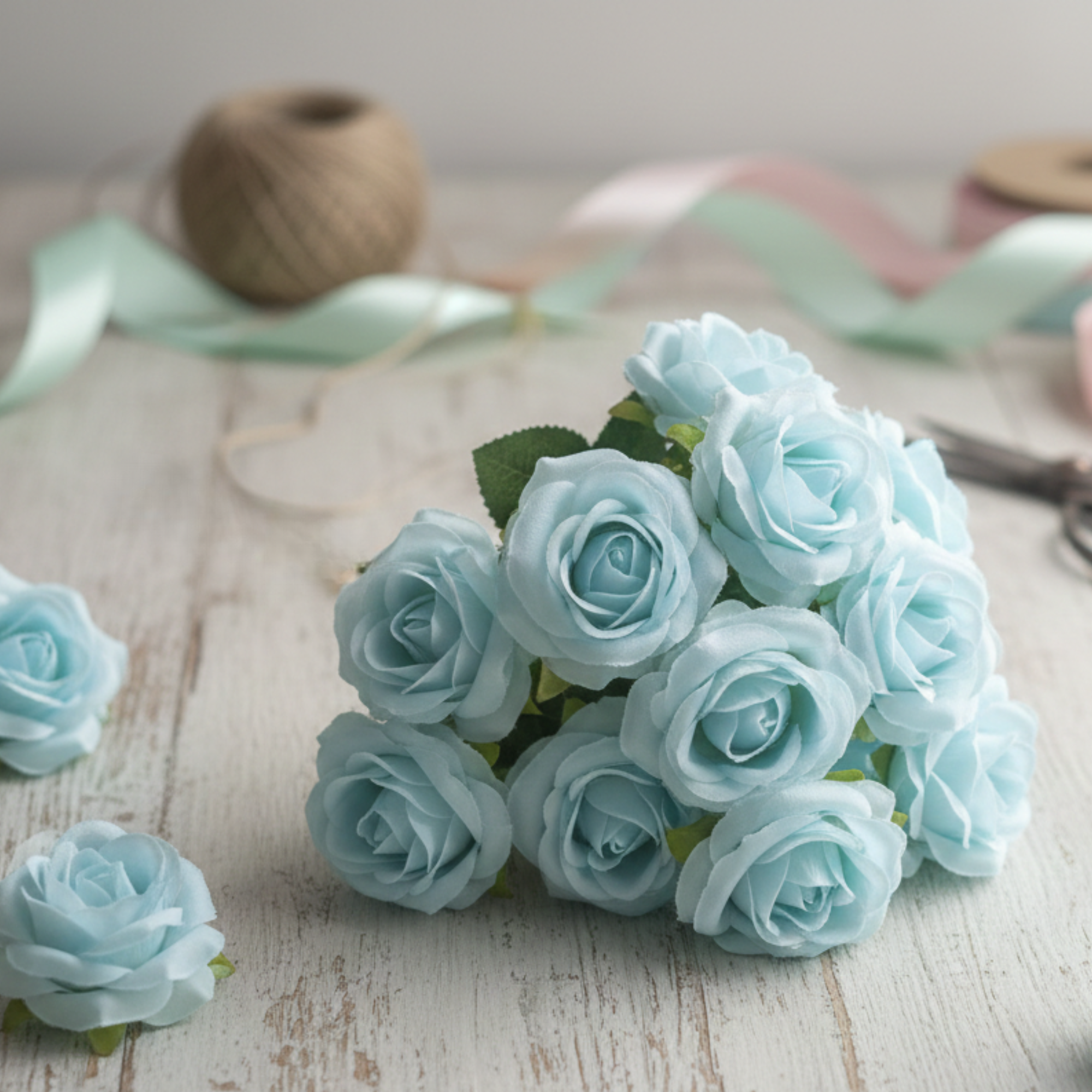 Artificial Sky Blue Mini Rose Flower (4 cm, Pack of 12, Single Flower)