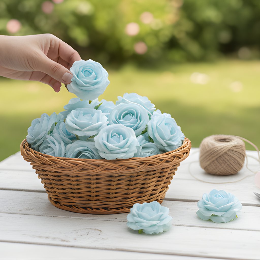 Artificial Sky Blue Mini Rose Flower (4 cm, Pack of 12, Single Flower)
