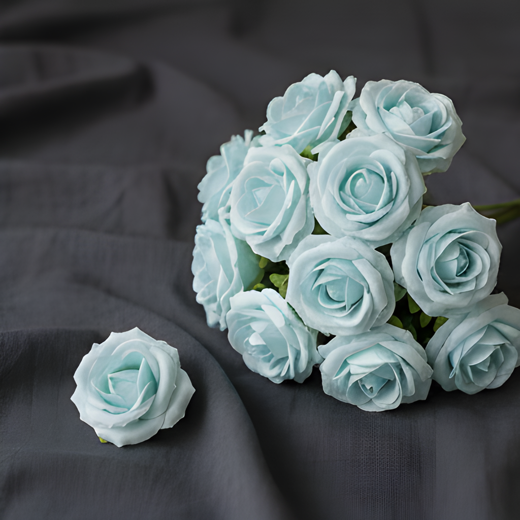Artificial Sky Blue Mini Rose Flower (4 cm, Pack of 12, Single Flower)