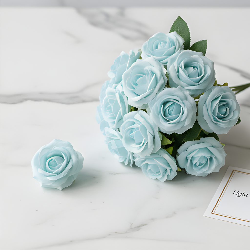 Artificial Sky Blue Mini Rose Flower (4 cm, Pack of 12, Single Flower)